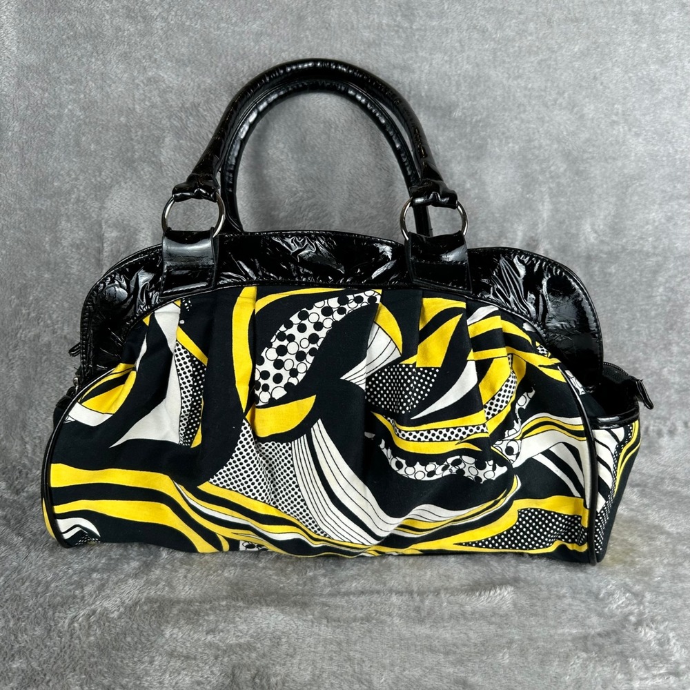 Abstract Print Satchel Handbag Yellow Black White Patent Trim Pleated Bag